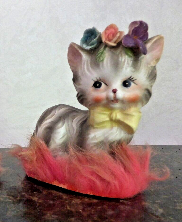 Napcoware MCM Vintage Tabby Kitty Cat Floral Crown Pink Fur Figurine Japan C6901