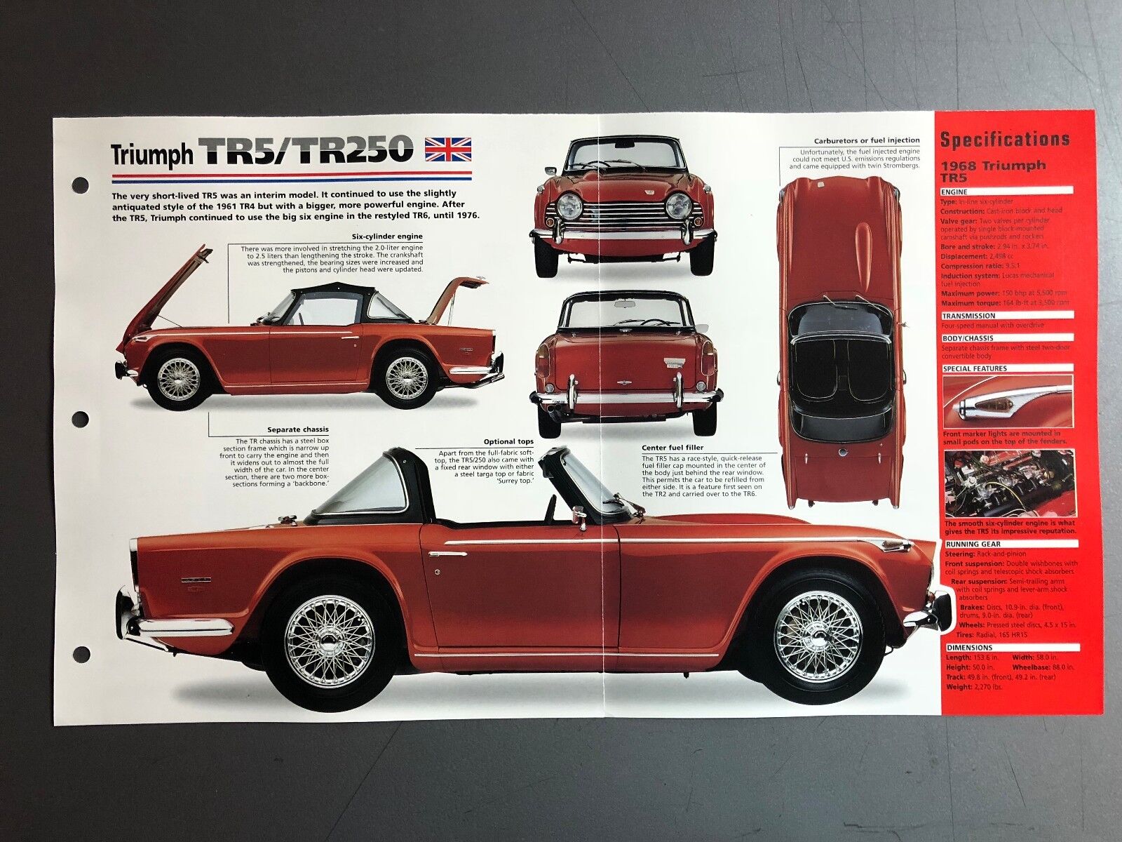 1967 - 1969 Triumph TR5/TR250 Roadster Poster, Spec Sheet, Folder, Brochure RARE