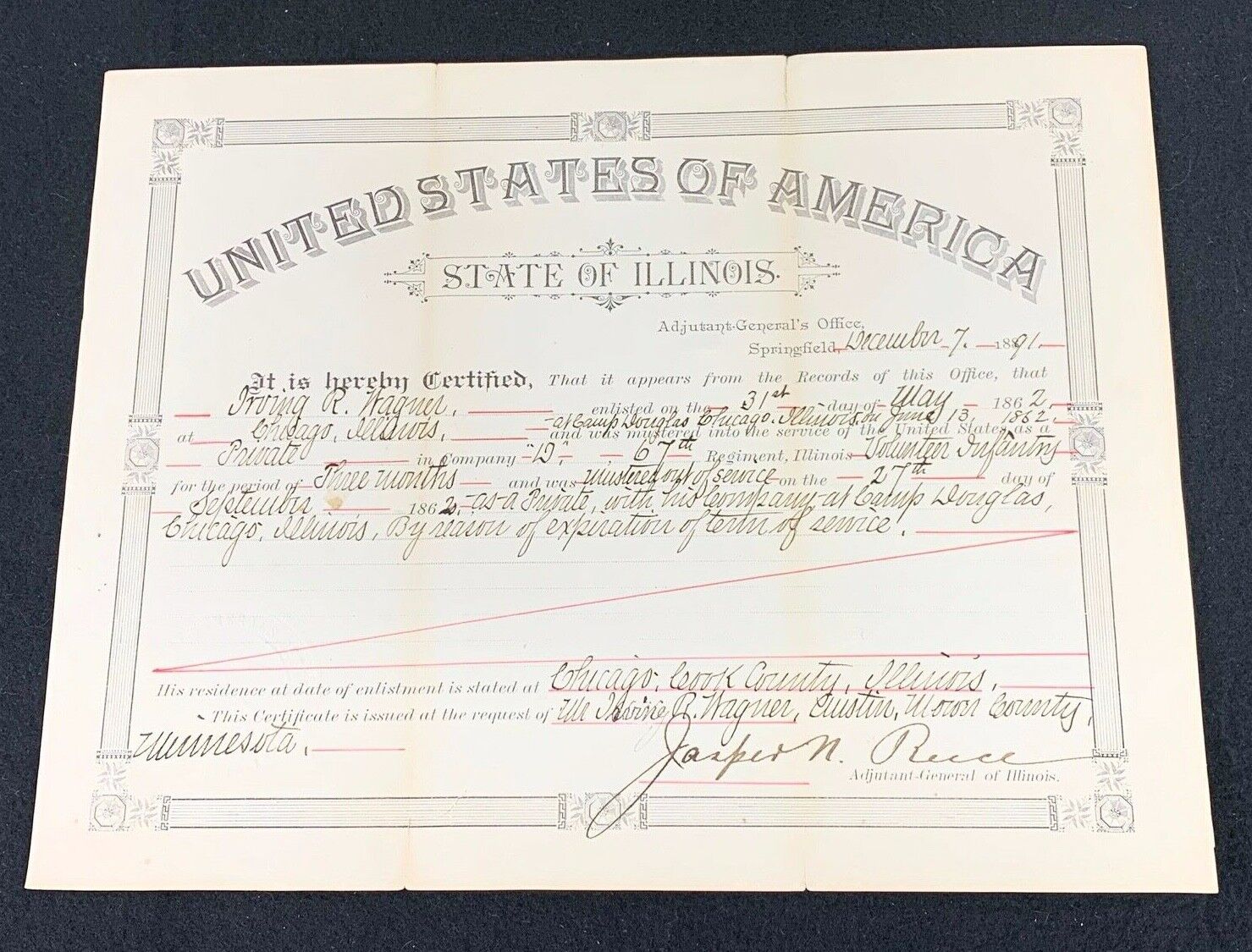 1891 State Of Illinois Civil War Veteran Service Certificate