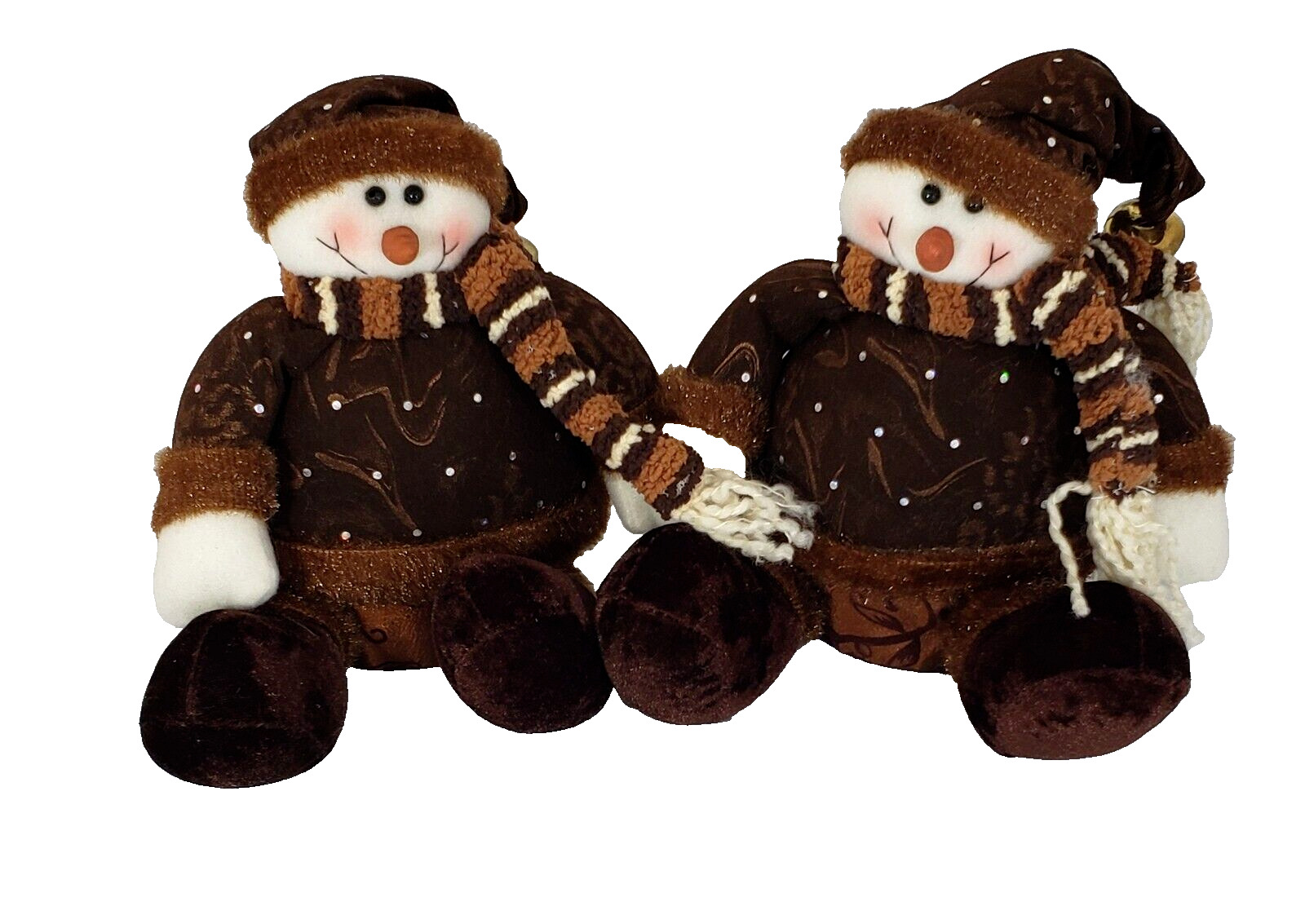 2 Sitting Decorative Snowmen Hanna\'s Handiworks Brown Outfits Christmas Sparkle