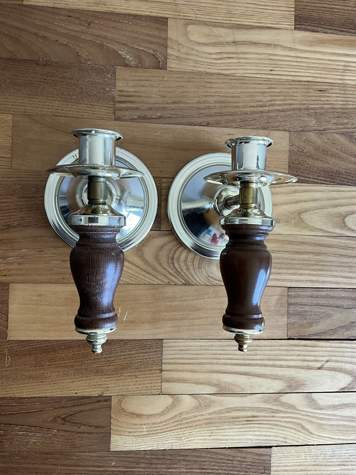 Vintage Pair of Homeco Wood And Brass Candle Wall Sconce - Set of 2