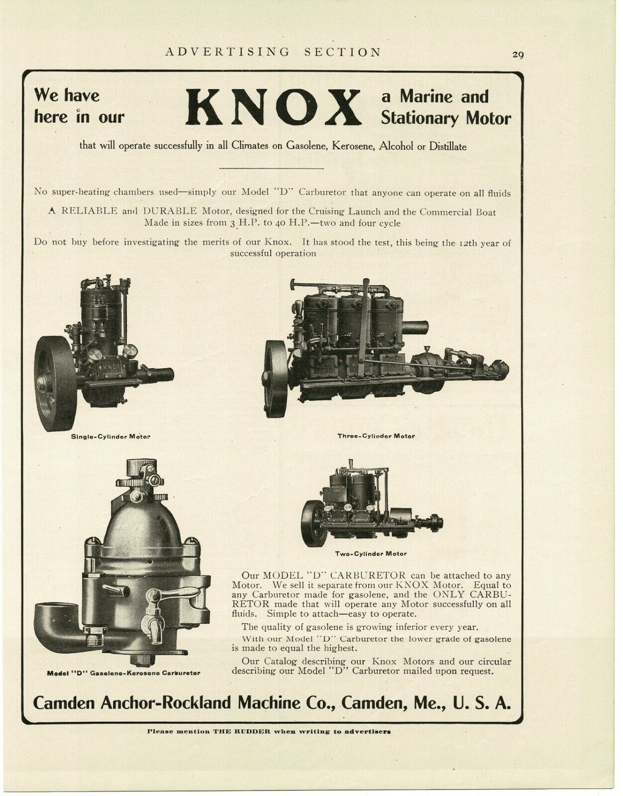 1911 Camden Anchor-Rockland Machine Co. KNOX boat motor ME Vintage Print Ad
