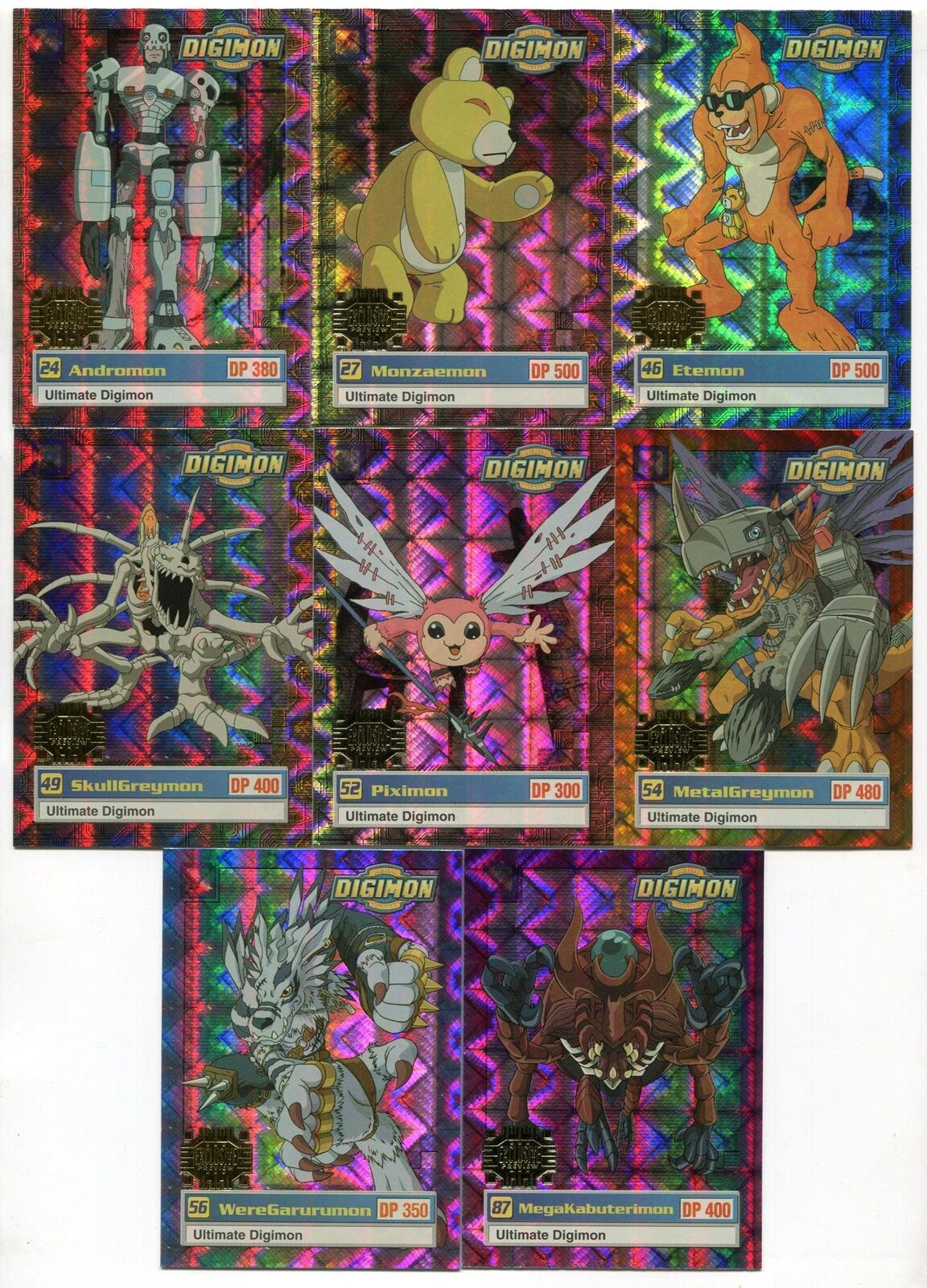 1999 Digimon Animated Series 1 Preview Ultimate Digimon Trading Cards U1-U8 Set