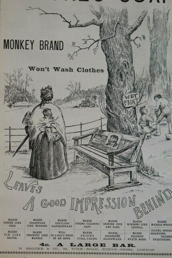 Brooke\'s Soap MONKEY BRAND  WET PAINT Comical Christmas Advertising 1889  Matted