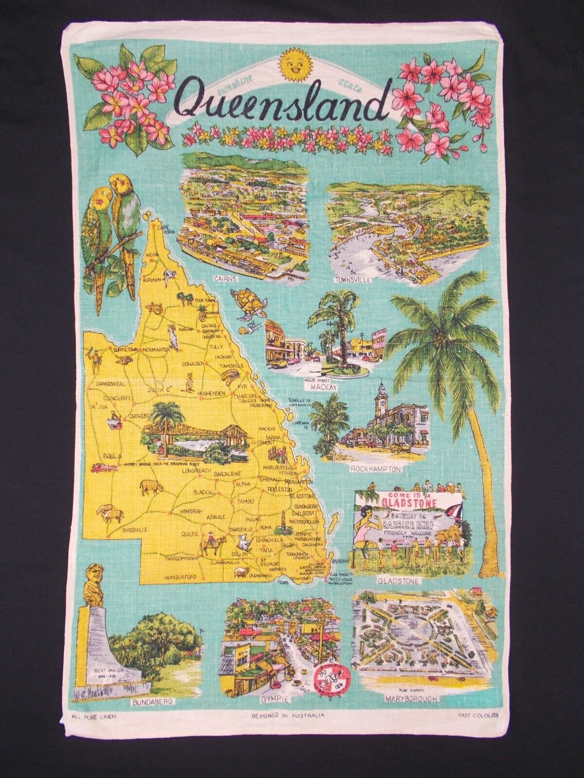 Australia Queensland 1950\'s  VTG  linen Tea Towel  vibrant wall decor  souvenir