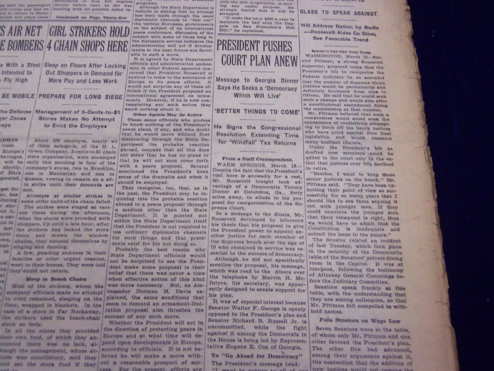 1937 MARCH 14 NEW YORK TIMES - PRESIDENT AGAIN PUSHES COURT PLAN - NT 3403