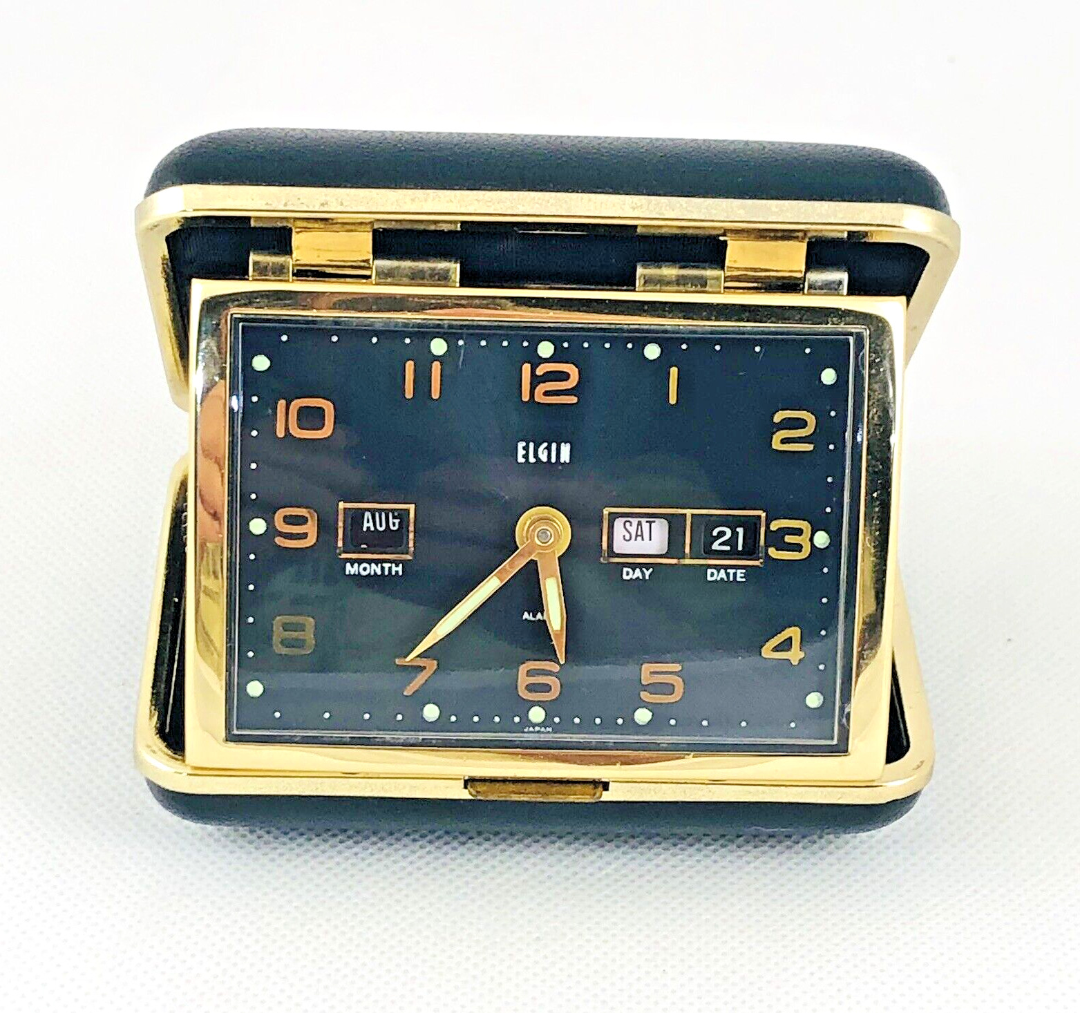Vintage Elgin Travelers Wind Up Alarm Clock With Case Gold Trim Month Day Date