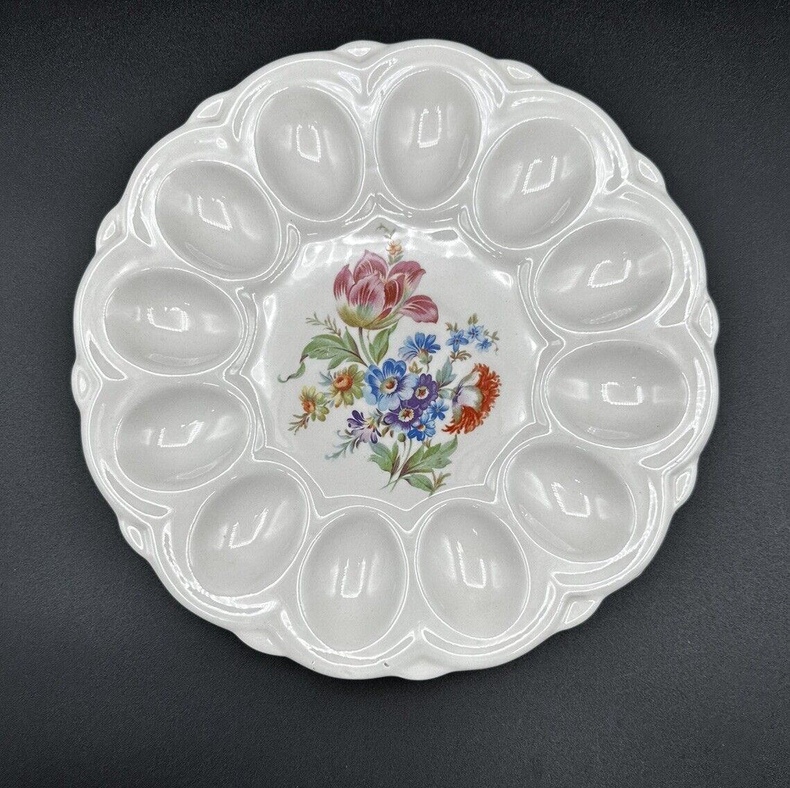 Vintage E & R American Artware Deviled Egg Plate Platter Floral Flowers 9\