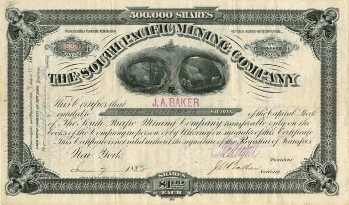 South Pacific Mining Co. signed by J.A. Baker - Autographed Stocks & Bonds