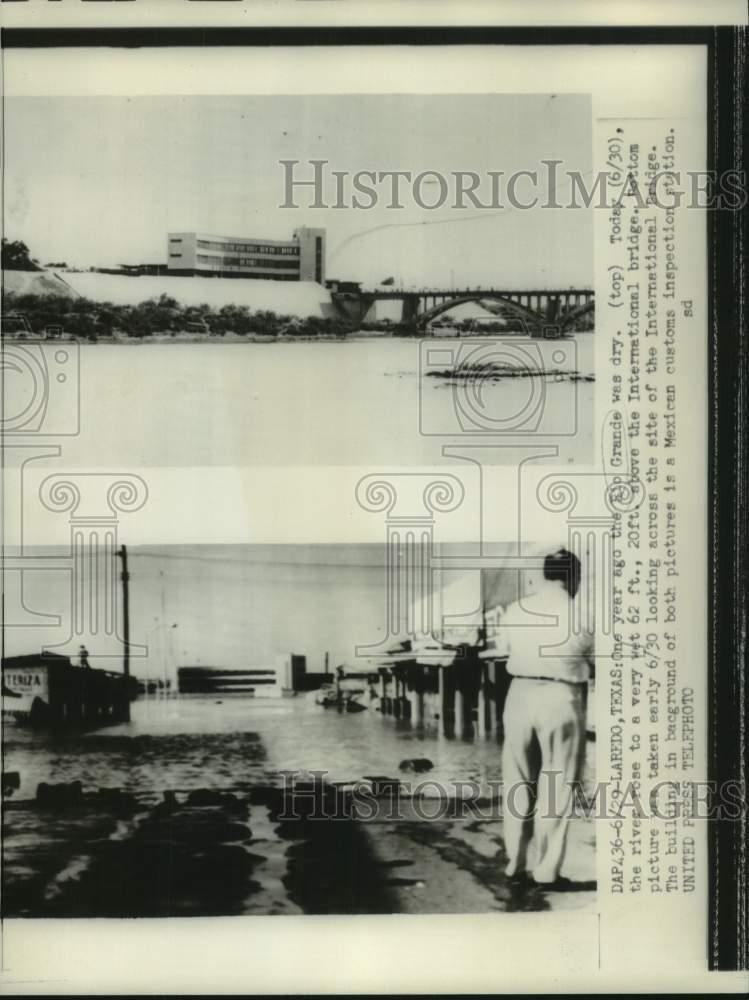1954 Press Photo Rio Grande Rose to Flood Stage Covering International Bridge