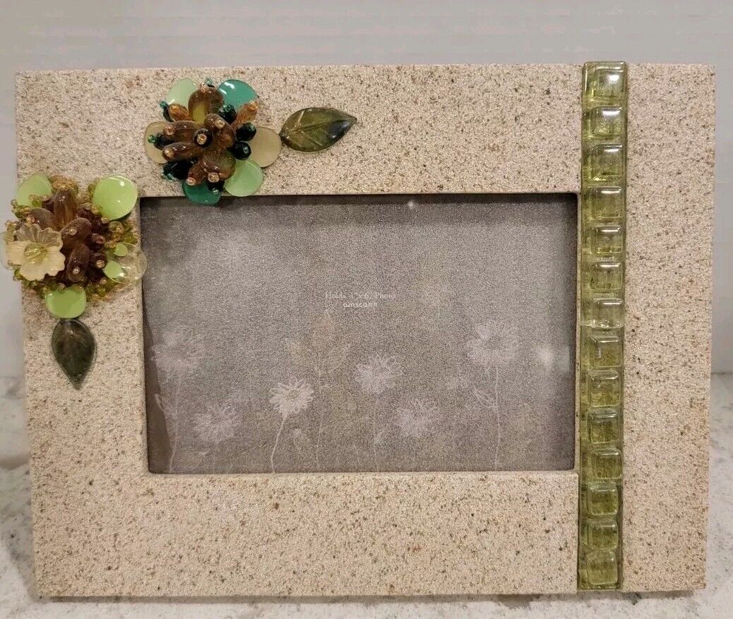 Beaded Flowers & Mosaic Picture Frame w/Glass 6 5/8 X 8 5/8  Fits 4 X 6 Photo