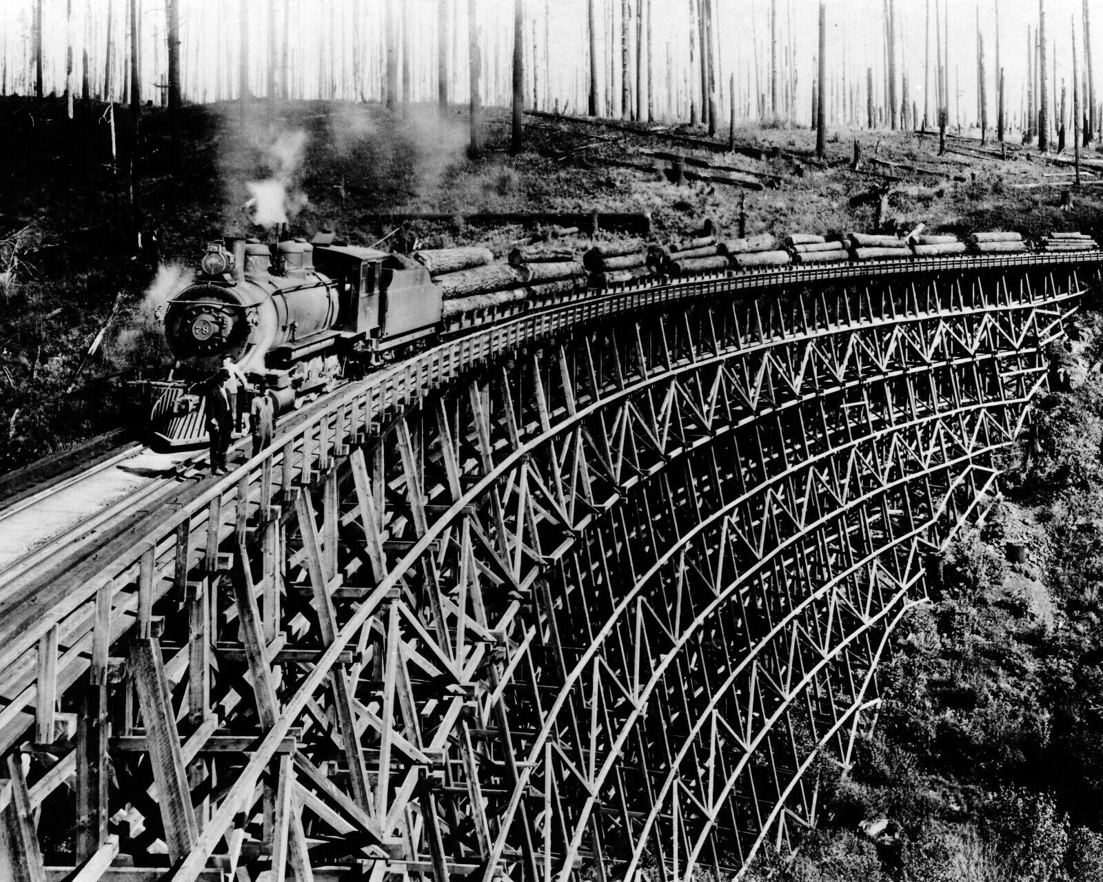 Log Train Crossing Railroad Trestle  Photograph 1918 Lumberjacks Washington 8x10