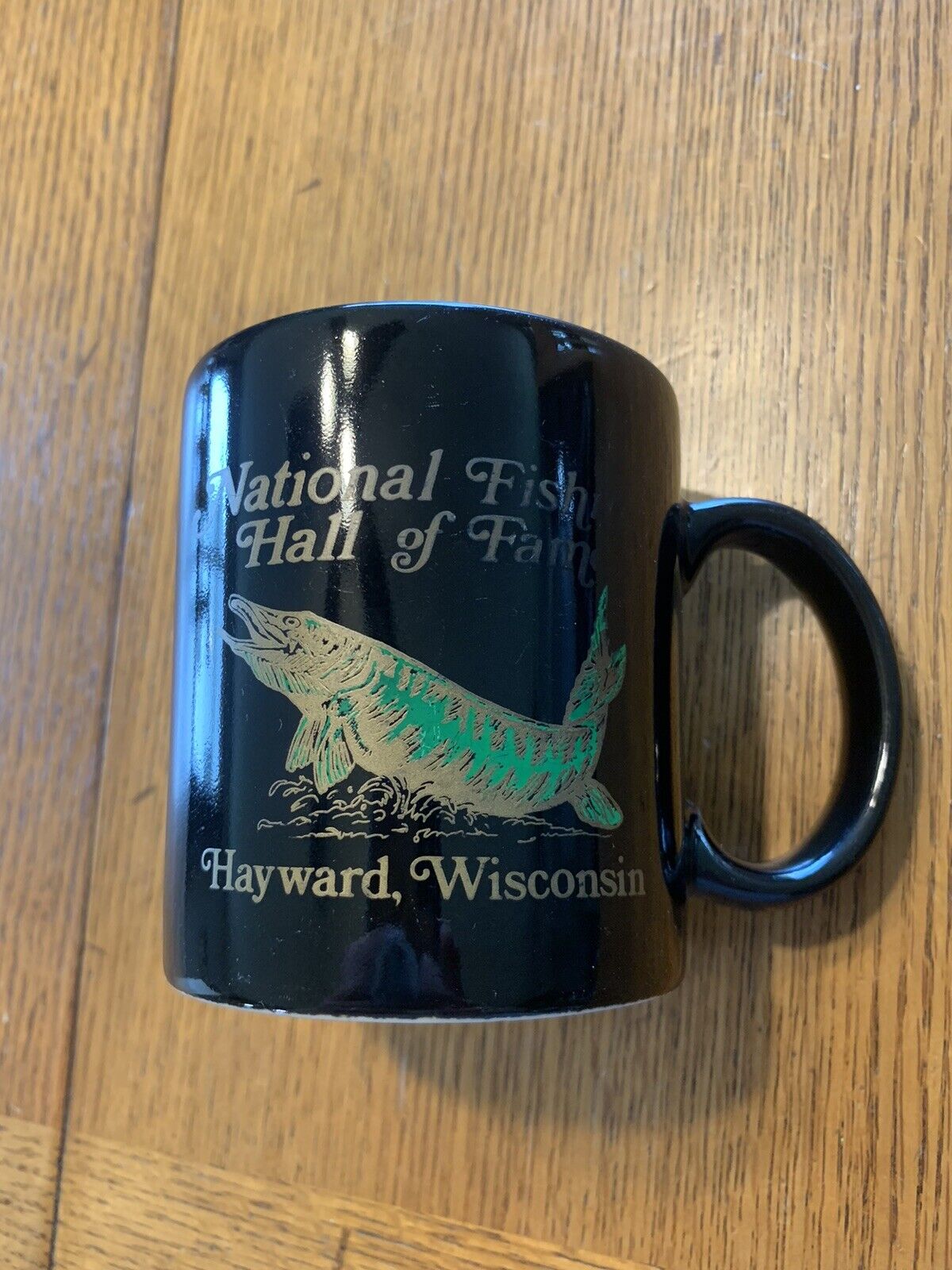 Vintage Hayward Wisconsin Souvenir Mug Tea Coffee Cup Mug Muskie Fish Black Gold