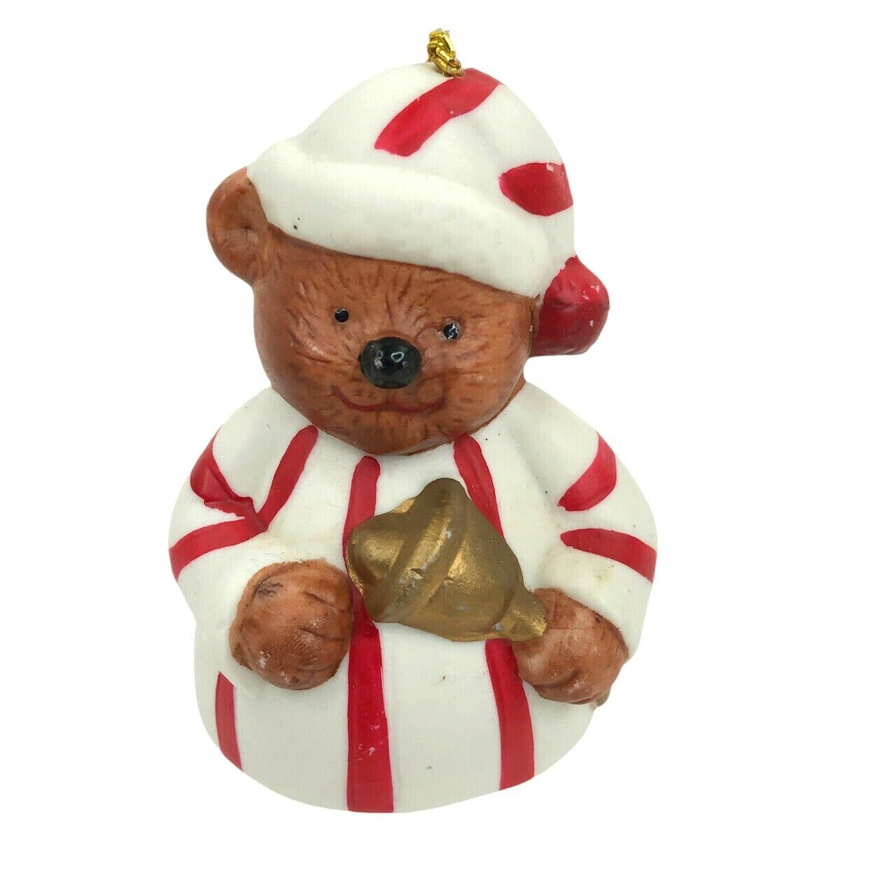 Vtg GIFTCO Teddy Bear Bell Ringer Hand Painted Porcelain Christmas Ornament 1985