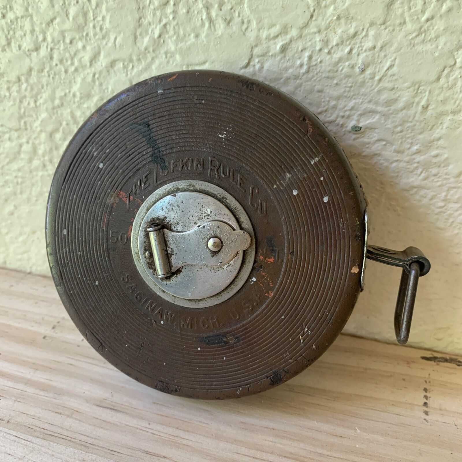 Antique Vtg Leather Wind Case Lufkin Rule Co 50ft Sterling Linen Tape Measure