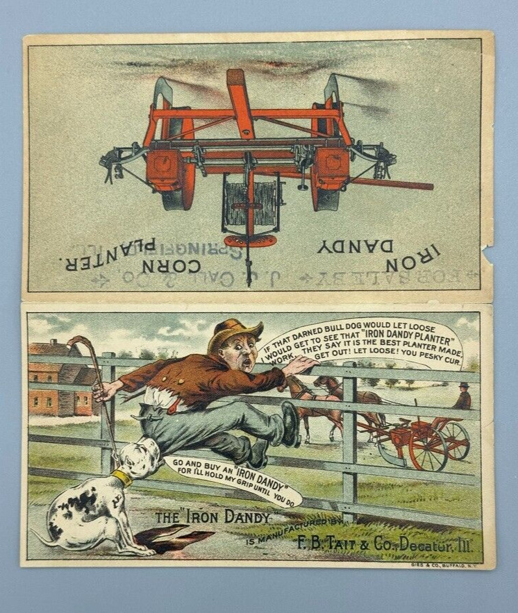 1880s IRON DANDY Tait FARM MACHINERY Advertising Folding Trade Card DECATUR Ill