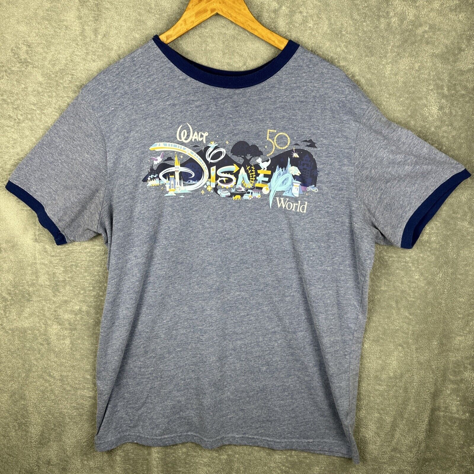 Walt Disney World 50th Anniversary Icons Adult Size XL Blue Ringer Shirt