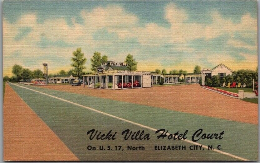Elizabeth City, North Carolina Postcard VICKI VILLA HOTEL COURT Hwy 17 Linen