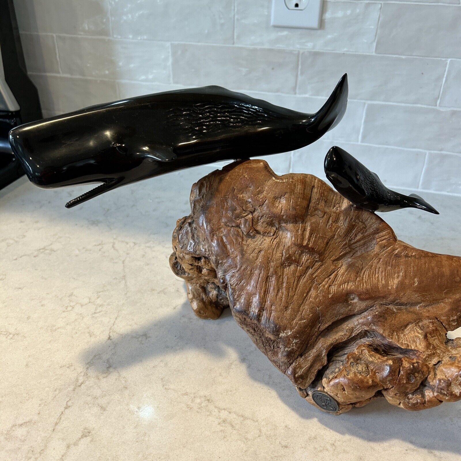 John Perry Signed Black Sperm Whale And Baby Sculpture on Burl Wood Base - Large