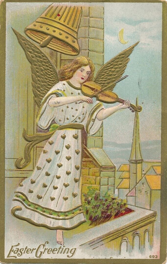 EASTER - Violin Playing Angel and Bell Postcard - 1909