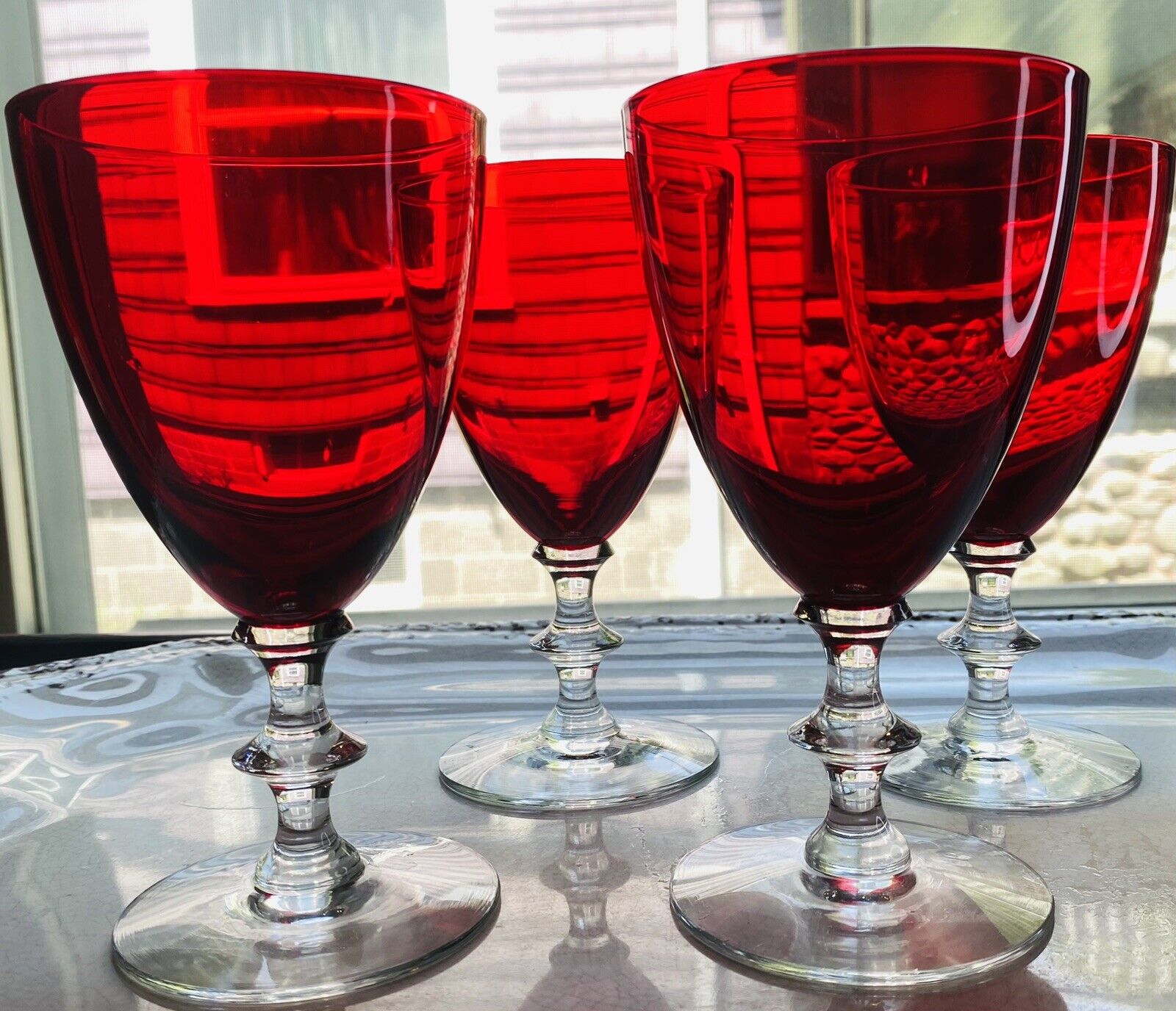 1940\'s Morgantown Radiant Ruby Red Water Goblet Wafer Stem Glass Art Deco Set-4