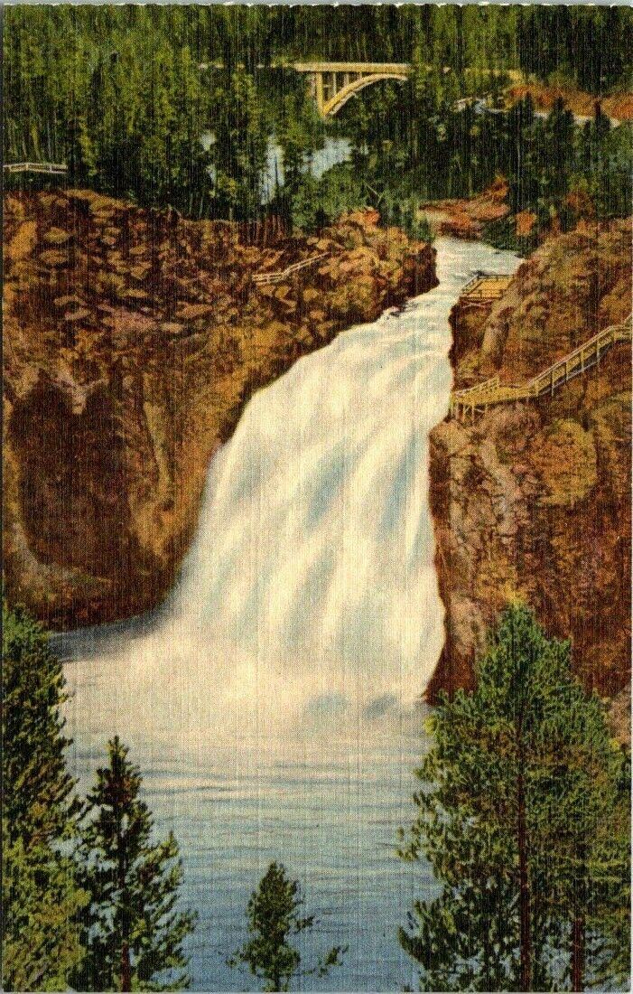 c1940s The Upper Falls Yellowstone National Park Wyoming Vintage Postcard