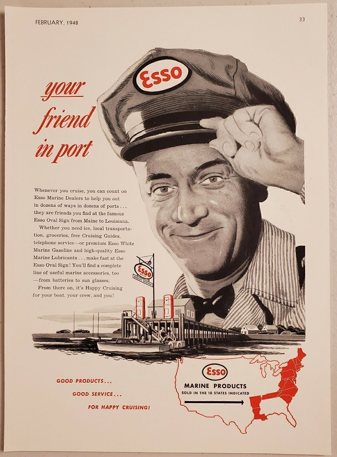 1948 Print Ad Esso Marine Products Boat Dock & Gas Pumps