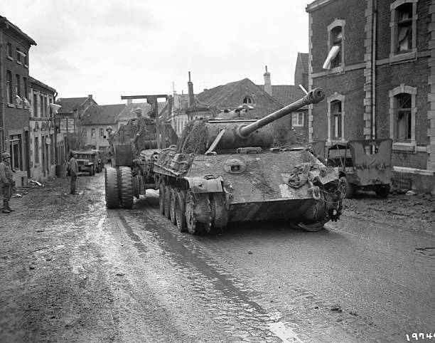 9th U.S. Army Ordance unit moves captured Panther tank. Near Gereo- Old Photo