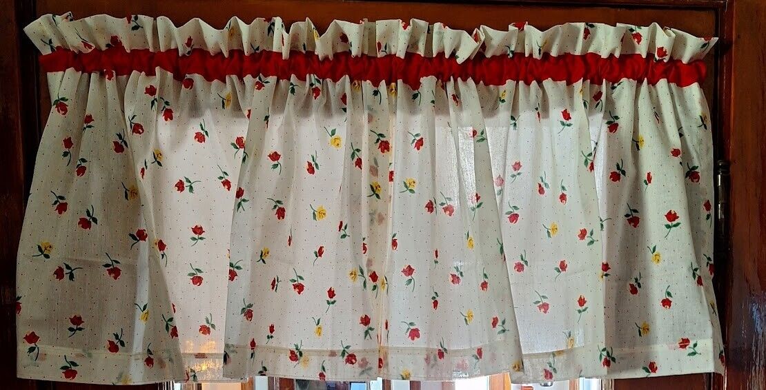 NWOT VTG Lot 2 JCPenney CURTAIN VALANCES Red Yellow Rose POLKA DOT Stripe COTTON