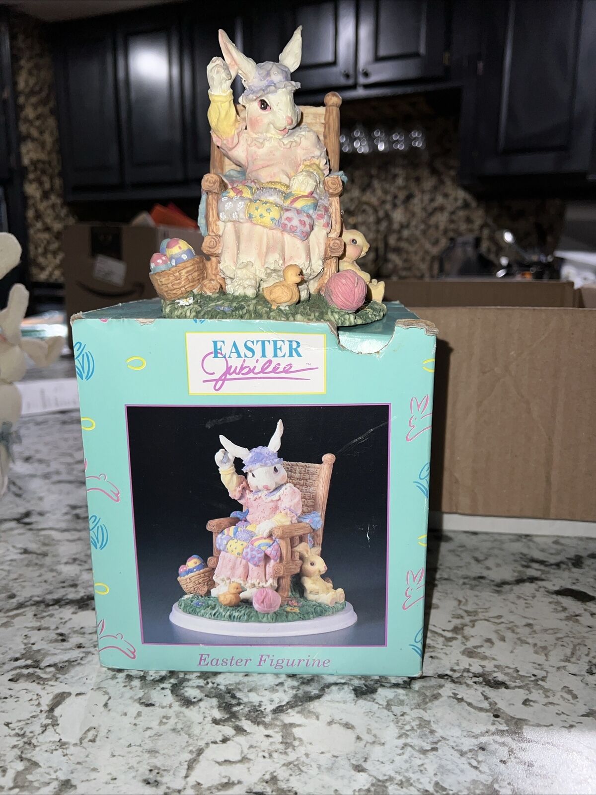 Vintage Easter Jubilee Porcelain bunny in rocking chair  with Original Box