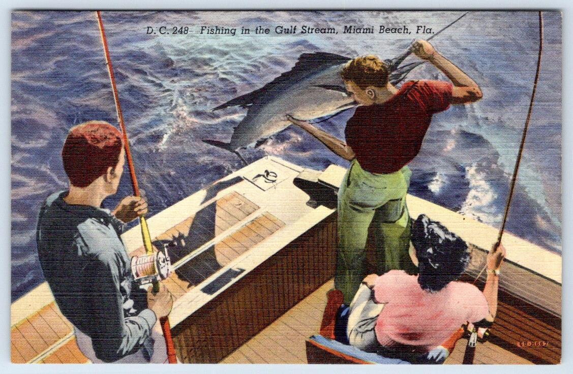 1940-50\'s FISHING IN THE GULF STREAM MIAMI BEACH FLORIDA VINTAGE LINEN POSTCARD