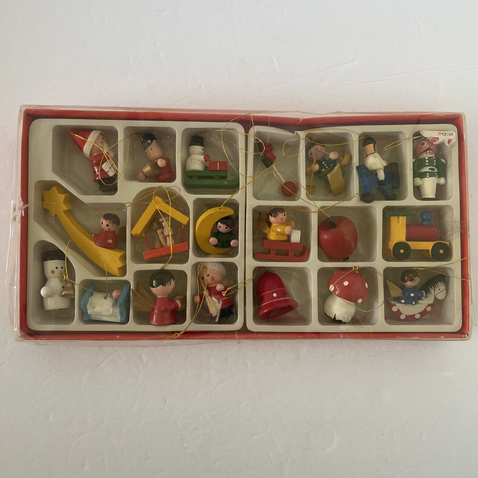Vintage Christmas Wooden Ornaments Box of 20 Mushroom, Shooting Star, Moon, Etc.
