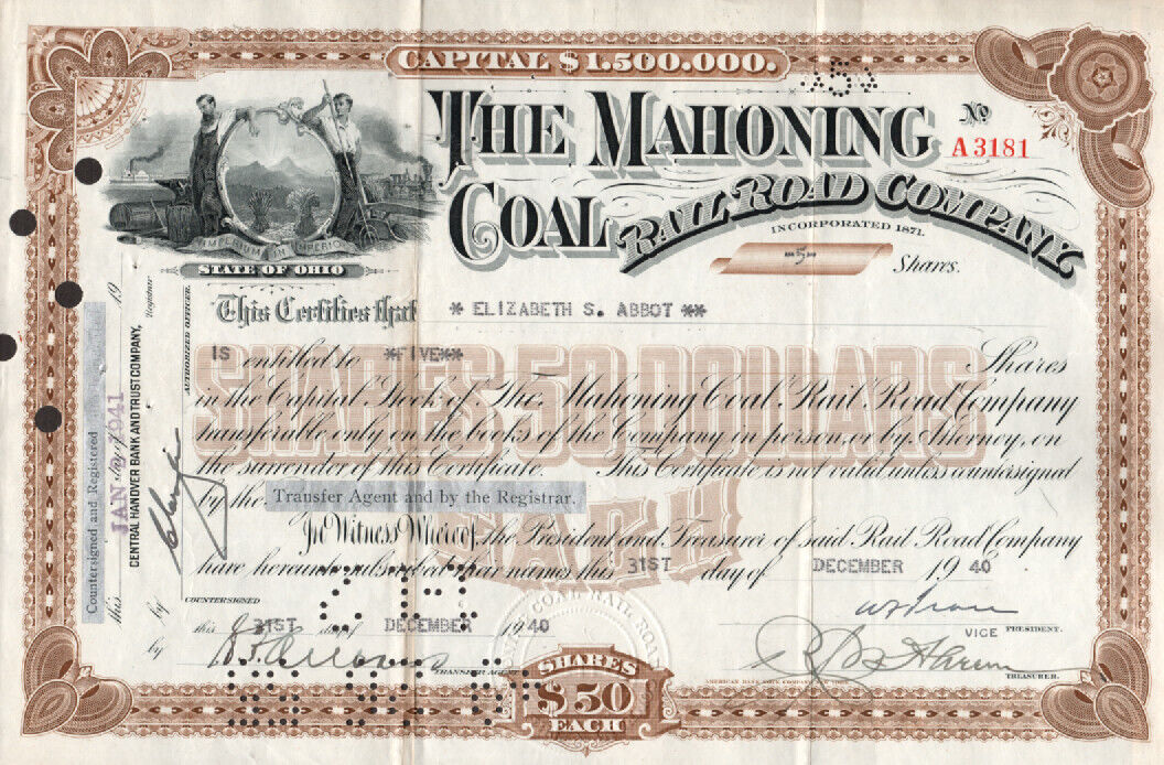 The Mahoning Coal Railroad Co. - Original Stock  Certificate - 1940 - A3181