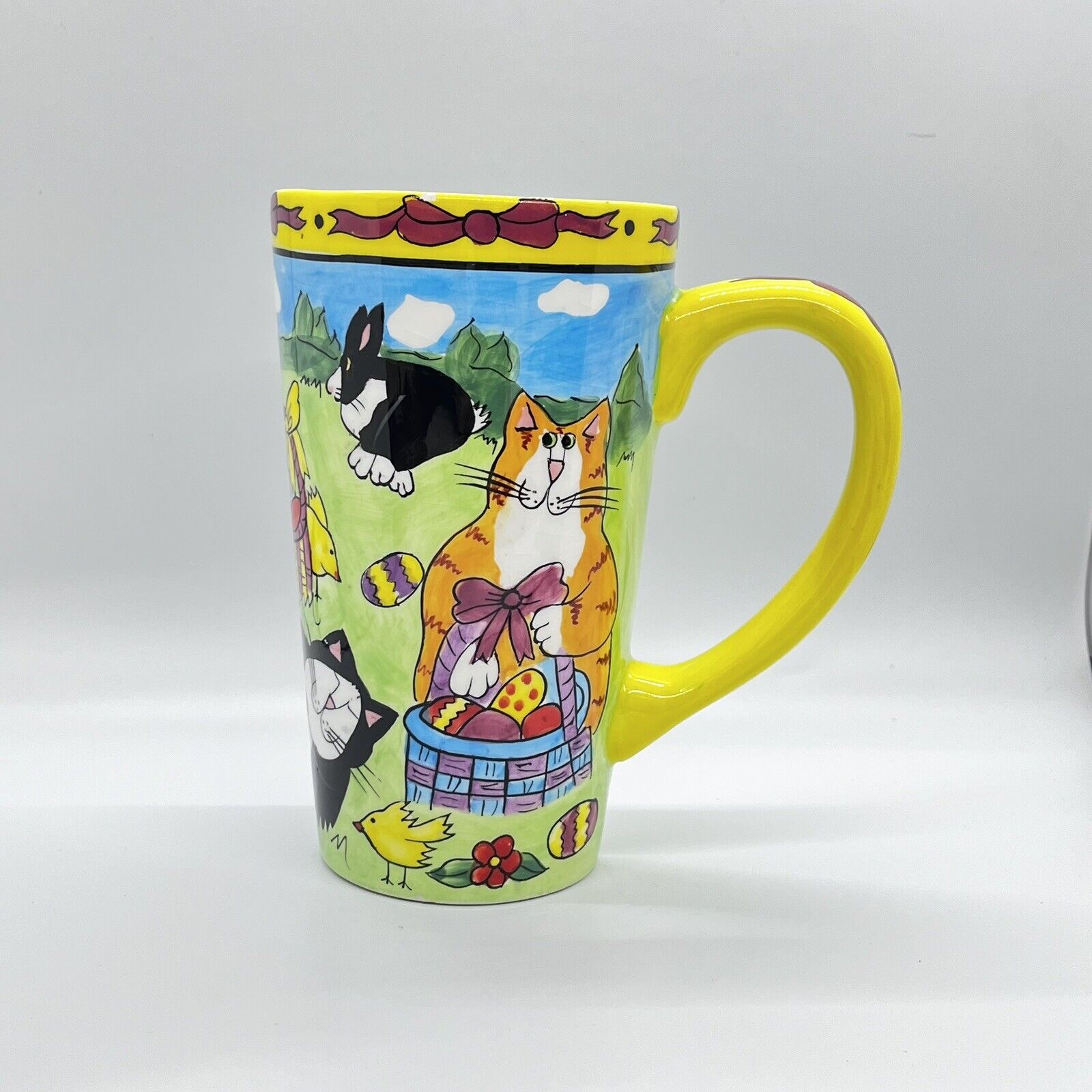 CATZILLA 2001 Tall Ceramic Mug by Candace Reiter Easter Eggs Cats Bunny READ