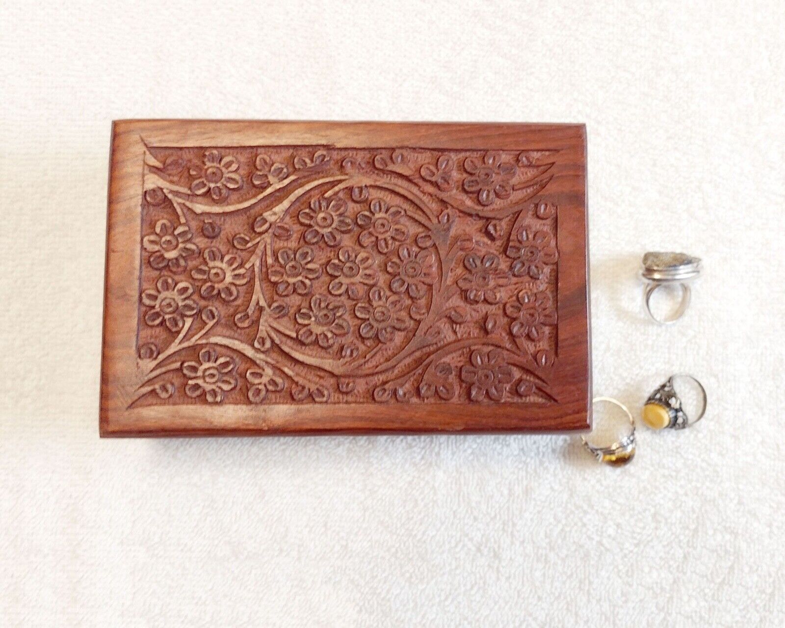 Carved Wood Box with Hinged Lid Floral Design