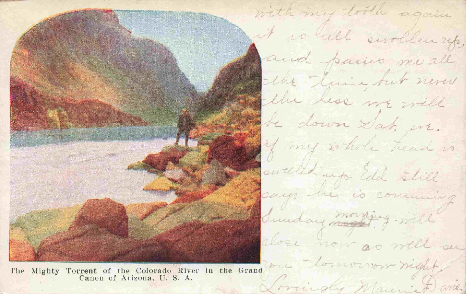 Colorado River Before Dam Grand Canyon Man on Rocks Vintage Arizona Postcard