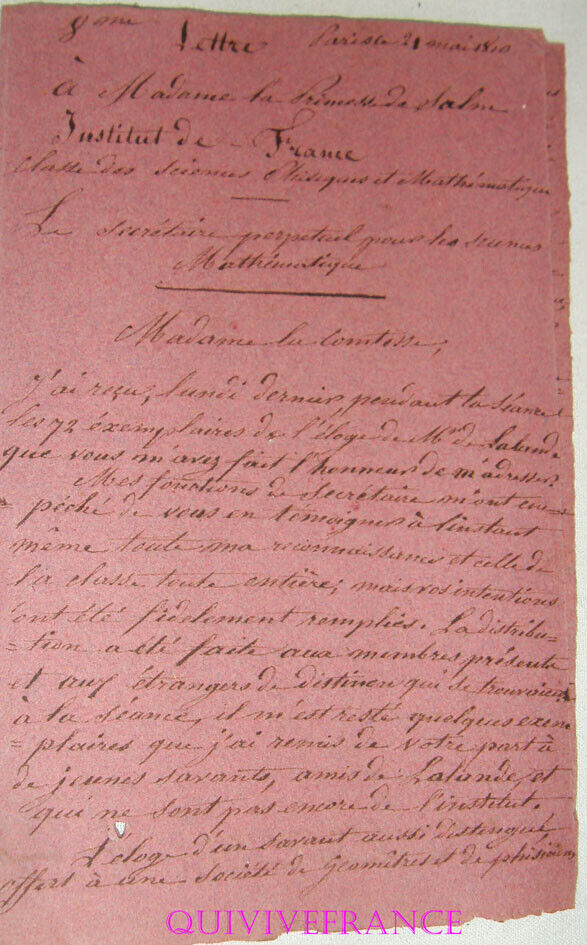 L.A.S. ASTRONOMER JEAN-BAPTIST DELAMBRE to the PRINCESS OF SALM 1810