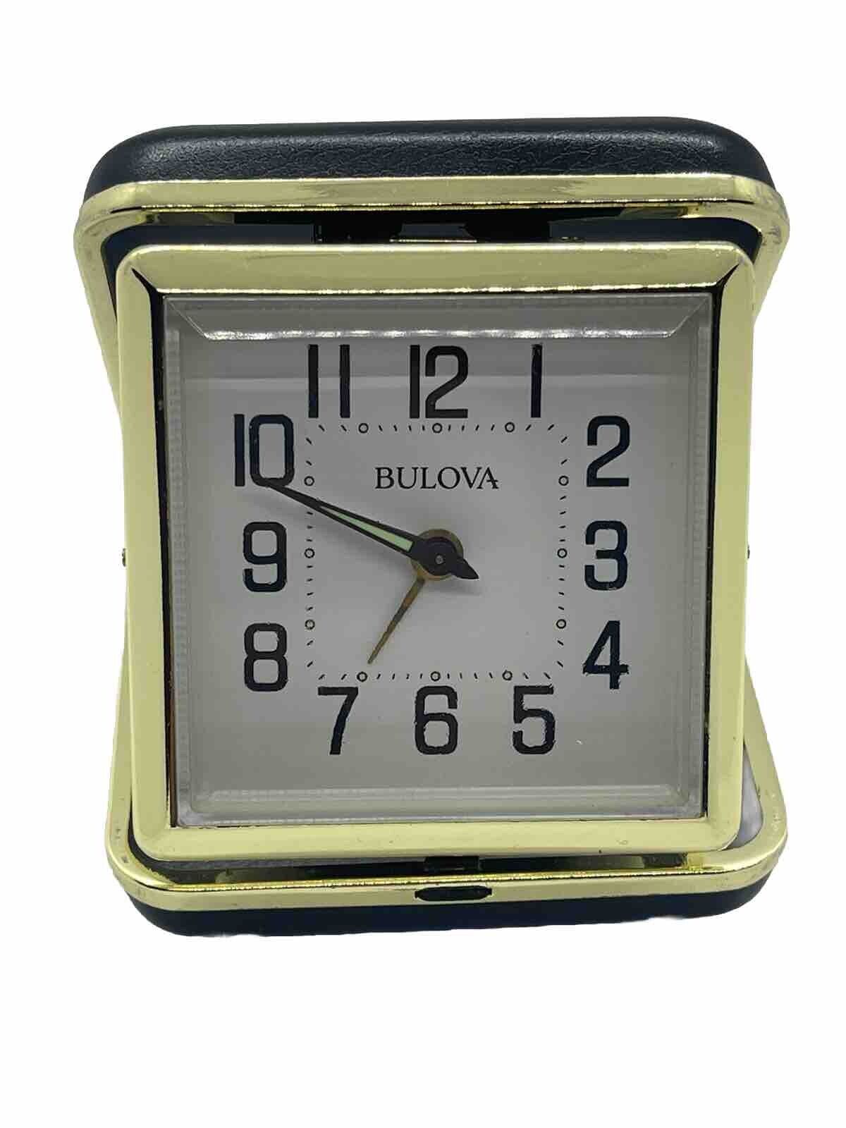 Vintage Bulova Travel Alarm Clock Wind-Up Gold/Black Leather Fold Up Case Tested