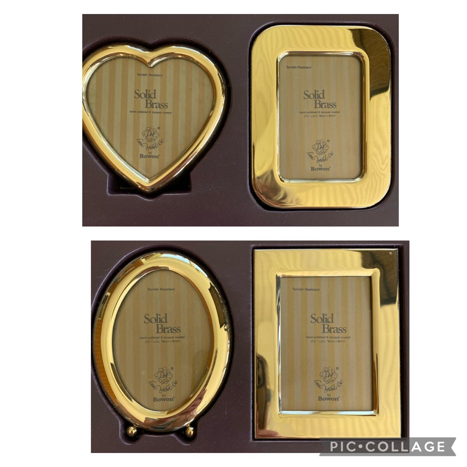 Solid Brass Set Of 4 Bowon Vtg Picture Photo Frames Oval Heart Square 2.5x3.5