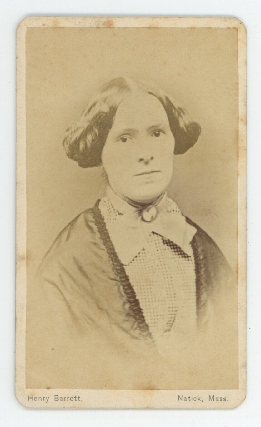 Antique CDV Circa 1870s Lovely Woman Ivory Brooch & Interesting Hair Natick, MA