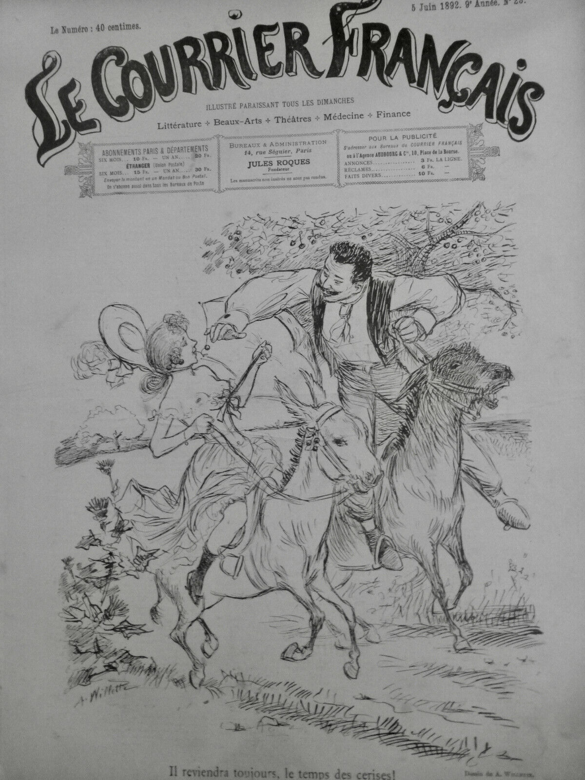 1892 CF TIME CHERRIES TREE FRUIT GIRL MEN HORSE DRAWING WILLLETTE