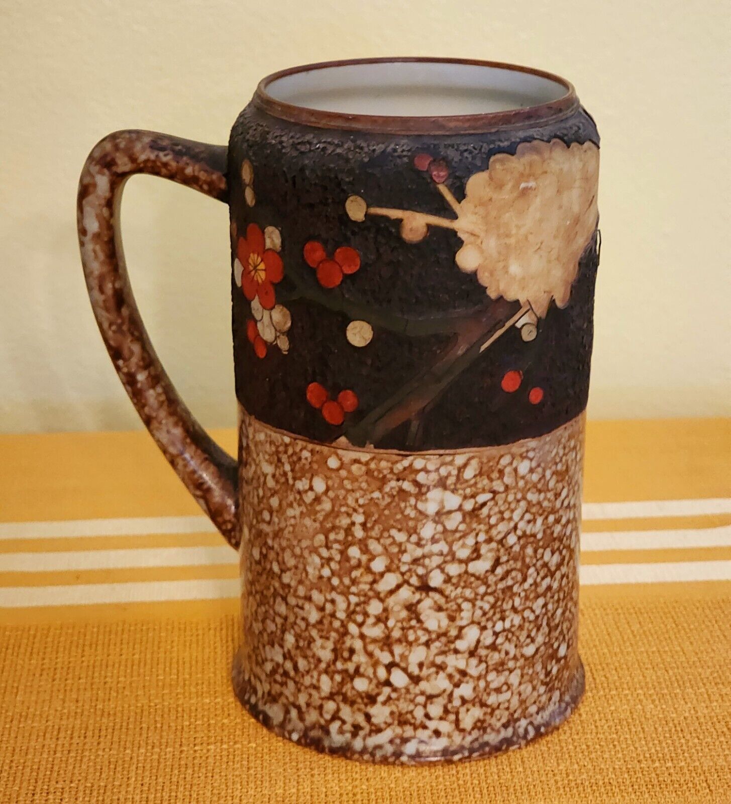 Antique NIPPON HAND PAINTEDHigh Relief Japanese Floral Porcelain Tankard Cup Mug