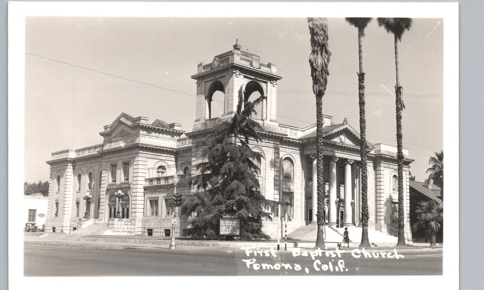 FIRST BAPTIST CHURCH 1940s pomona ca real photo postcard rppc california history