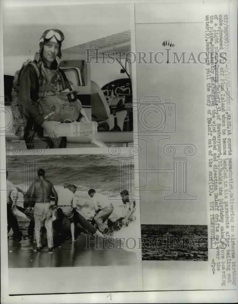 1961 Press Photo Newbury Mass. George Doloff with cake, parachuting dies.