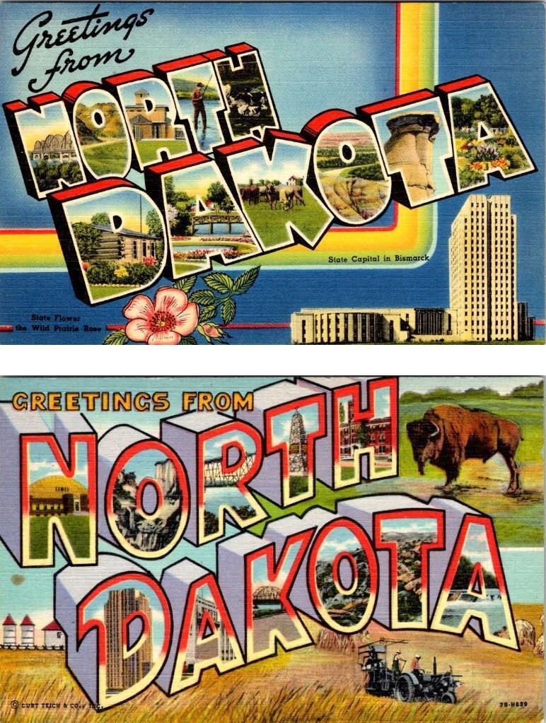 2~ca1940s Postcards ND~NORTH DAKOTA LARGE LETTER LINEN Greetings BUFFALO~CAPITOL