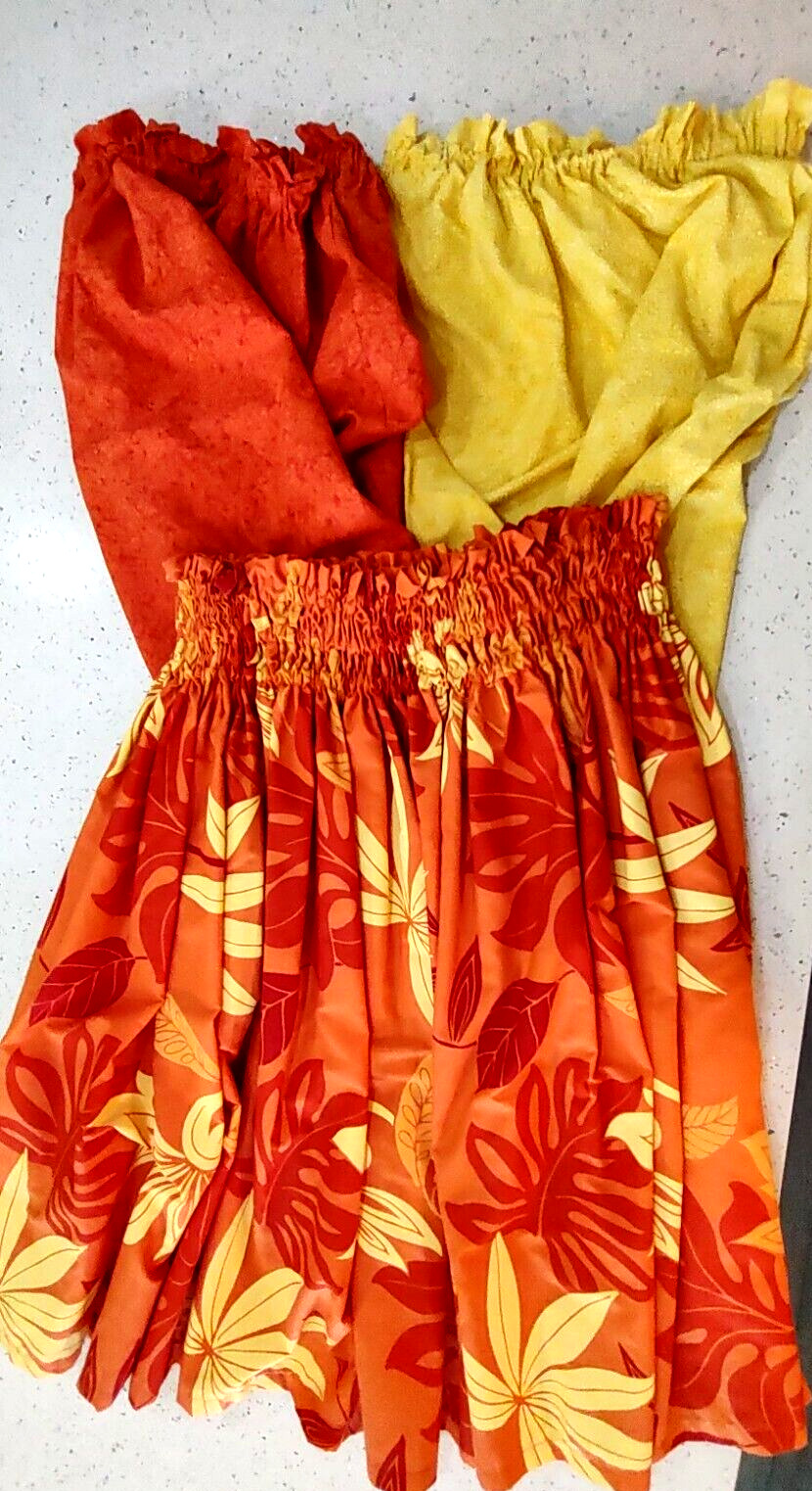 3-piece Women\'s Yellow/Orange Hula Pau Pa\'u Skirt w/2 tops made in Hawaii