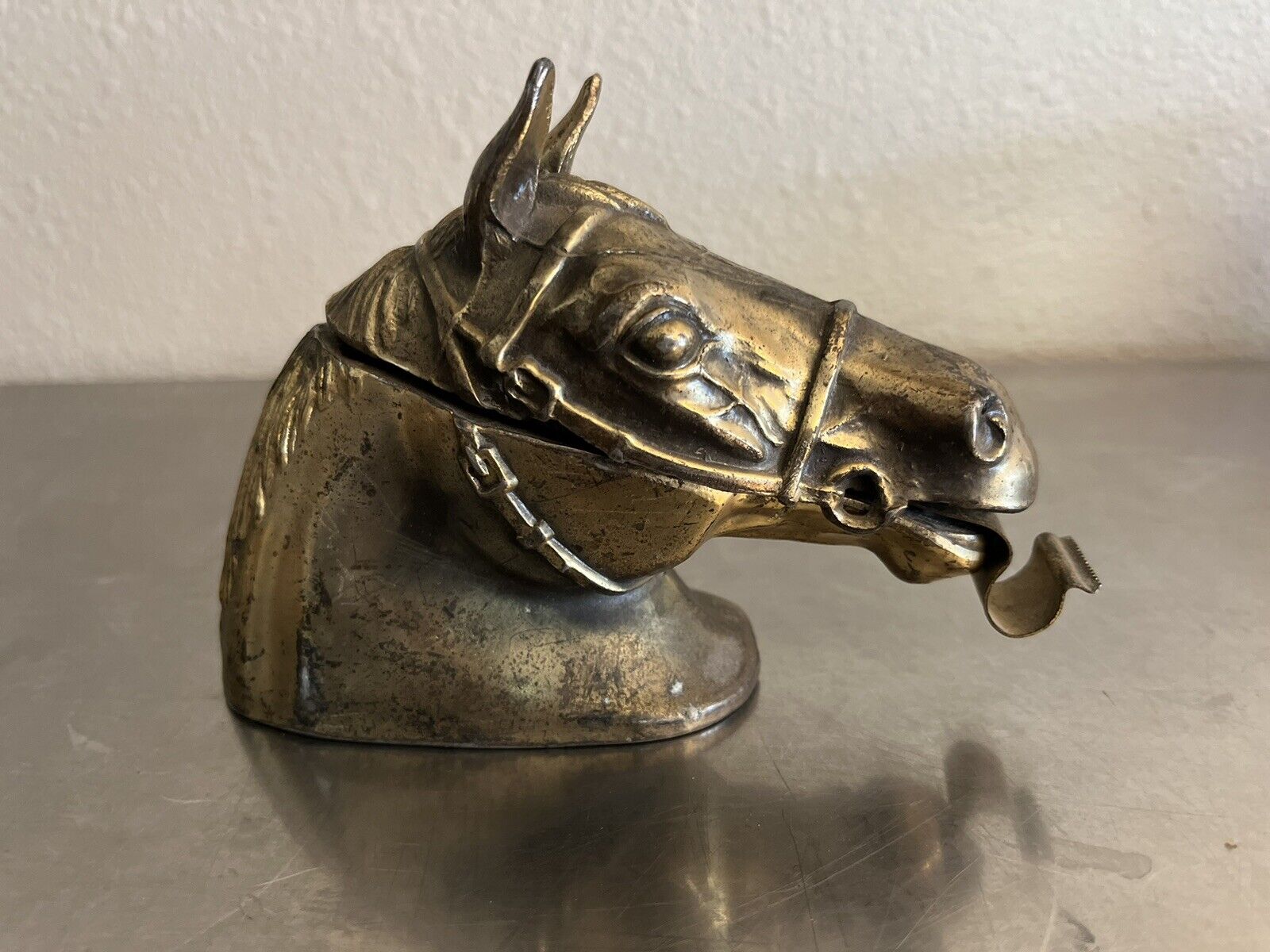 Vintage Ted Arnold Brass Horse Head Tape Dispenser Equestrian Distressed