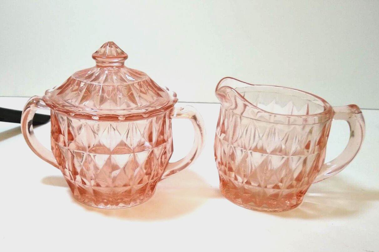 Vintage Jeannette Windsor Diamond Pink Depression Glass Creamer & Sugar Bowl Lid