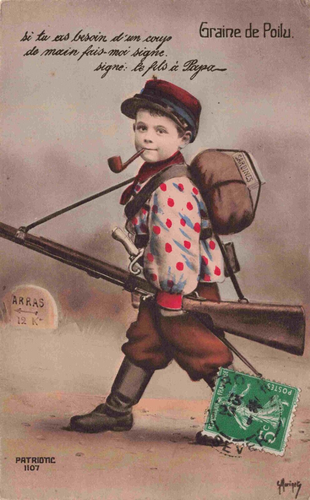 WWI Daddy's Boy Child with Gun & Pipe Helps in War Artist Morinets Postcard