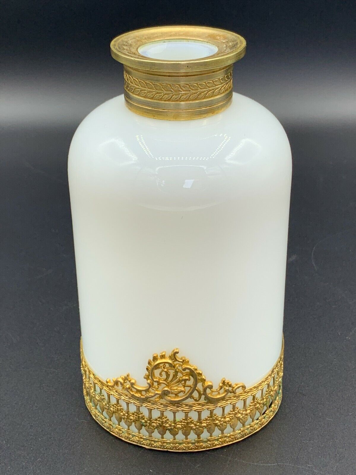 19C. French PALAIS ROYAL White Opaline Glass Perfume Scent Bottle Dore Bronze